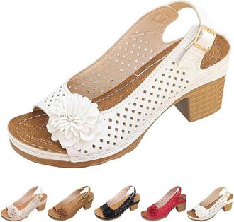 Generic Buckled Square Heel Sandals for Women,Dressy Peep Toe Slingback Chunky Low Heeled Wedge Shoes Dress Sandals (White,6.5)