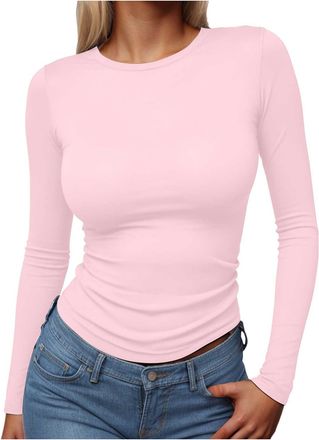 Generic Womens Long Sleeve Tops Basic Slim Fit Lightweight Elegant Solid Color Round Neck T Shirts Ladies Tops Streetwear Shirts Tee Casual Slim fit Stretch F