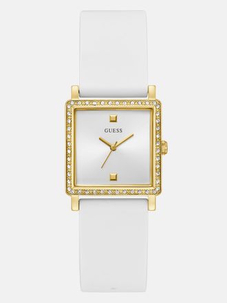 Guess Gold-Tone and White Square Analog Watch