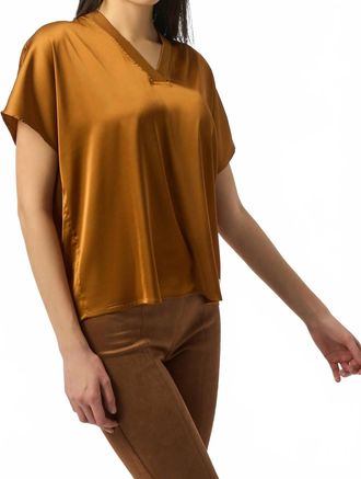 Joseph Ribkoff V-Neck Short Sleeve Boxy Satin Top In Whiskey