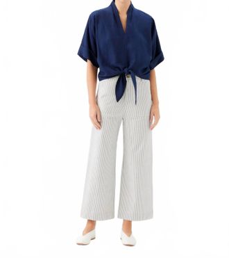 Fifteen Twenty Janice Cuffed Sleeve Tie-Front Top In Navy