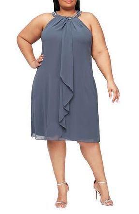 S.L. Fashions Braid Beaded Neck Chiffon Cascade Ruffle Dress in Steel at Nordstrom Rack, Size 18 W