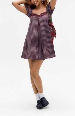 BDG Cordelia Check Cotton Babydoll Minidress in Burgundy Check at Nordstrom, Size Small