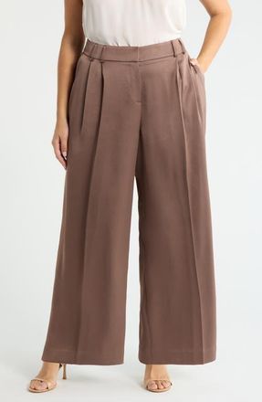 Tahari by ASL Pleated Satin Wide Leg Pants in Mocha at Nordstrom, Size 16W