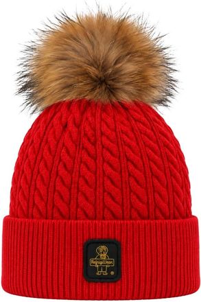 RefrigiWear Kabelgebreide muts met logopatch en pompon - Dames - Accessoires - Rood - Maat: M