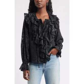 Treasure & Bond Ruffle Neck Chiffon Top in Black at Nordstrom Rack, Size Xx-Small
