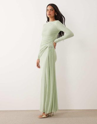 Asos Vestito lungo a maniche lunghe in rete color salvia-Verde