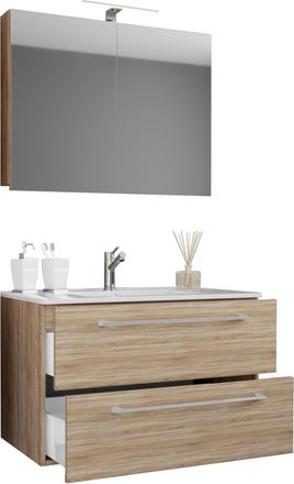 ebuy24 Ebuy24 - Vcm 3 Pcs Lavabo Lavabo Inferior Gabinete Ancho 60 Cm Muebles De Ba&ntilde;o Juego Colgando Con Dos Cajones Espejo Gabinete Badinos (sonoma-oiche (s