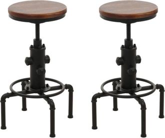 Hhg Hhg - Juego De 2 Taburetes De Bar 970, Taburete De Bar Altura Regulable Reposapi&eacute;s Giratorio Hierro Industrial Madera Maciza, Naturaleza
