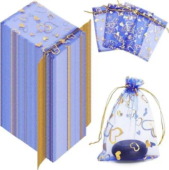 OEM Paquetes De 100 Con Tela De Malla, Bolsas Con Cord&oacute;n, Bolsas De Regalo De Organza Azul Con Estampado De Corazones, Bolsas Para Dulces, 1318cm
