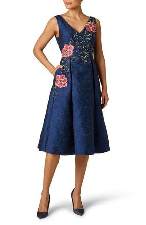 Adrianna Papell Beaded Jacquard Fit & Flare Cocktail Dress in Midnight Multi at Nordstrom, Size 14