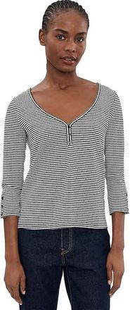 Liverpool L.A. Petite Button Sleeve Henley Knit Top Womens Clothing Black/White Stripe : PXL, Elastane/Polyester/Viscose