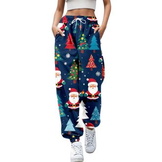Generic Christmas Joggers for Women UK Funny Graphic Print Holiday Sweatpants High Waist Baggy Trousers Oversized Xmas Drawstring Jogging Pants Ladies Gym Wal