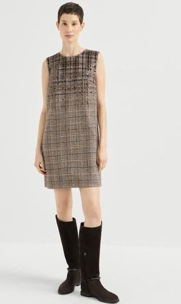 Brunello Cucinelli Checked alpaca and wool mini dress with dazzling degrad&eacute; embroidery in Brown at Nordstrom, Size Xxx-Large
