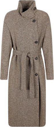 Brunello Cucinelli Wool Long Coat - Dames - Jas met riem - Bruin - M - Wol - Jassen