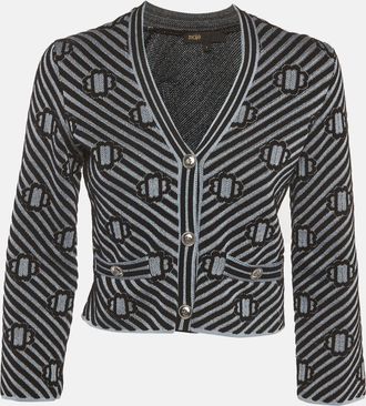 Maje Blue/black Metallic Clover Jacquard Knit Cardigan
