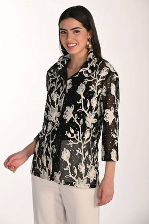 Frank Lyman Design Floral Collar Top In Black/almond