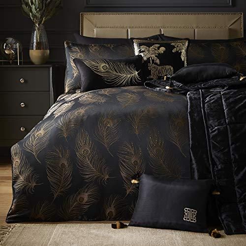 Laurence Llewelyn-Bowen Bettbezug mit schwarzen Pfauenfedern, Super-King- Size-Bett (260 x 220 cm), 2 Kissenbezüge, Jacquard-Bettwäsche-Set in Schwarz und Gold, Luxus-Bettwäsc ab 71,93 €