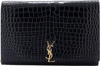 Saint Laurent Black Croc-Embossed Leather Classic Monogram Flap Chain Wallet (Authentic Pre-Loved)