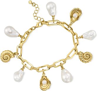Ross-Simons 14kt Yellow Gold-Plated Paper Clip Link Seashell Charm Bracelet With Simulated Baroque Pearls