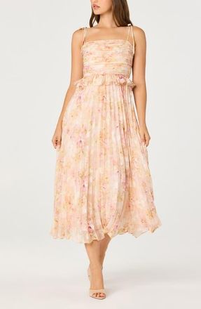 ASTR the Label Emerys Metallic Floral Pleated Midi Dress in Pink Floral at Nordstrom, Size X-Small