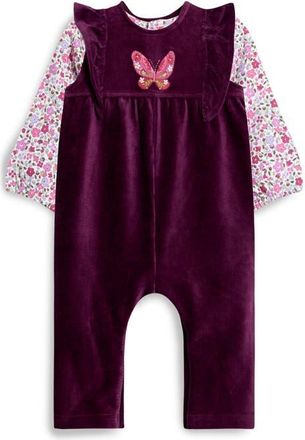 JoJo Maman B&eacute;b&eacute; Butterfly Cotton T-Shirt & Velour Overalls Set in Plum at Nordstrom, Size 12-18M