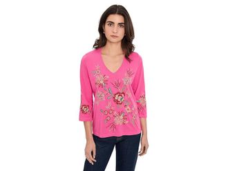 Johnny Was 3/4 Sleeve Trapunto V-Neck T-Shirts Womens Clothing Gin Fizz : 2XL, Cotton