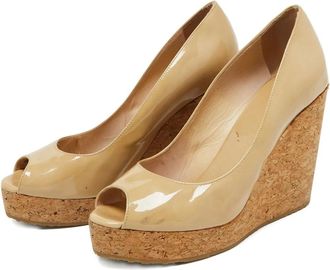 Jimmy Choo London patent leather cork wedge pumps - Neutrals