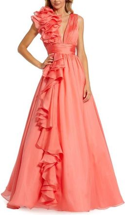 Mac Duggal Ruffle Shoulder V-Neck Chiffon Gown in Coral at Nordstrom, Size 12