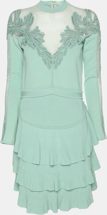 Elie Saab Mint Green Tulle Paneled Stretch Knit Appliqu&eacute;d Mini Dress