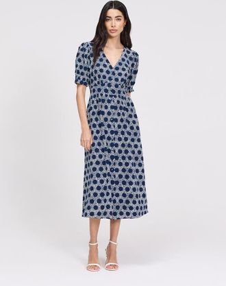 Finery Petite Samantha Button Down Midi Dress in Navy Spot at Nordstrom, Size 12