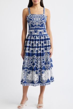 Julia Jordan Drop Waist Lace Midi Sundress in Navy Multi at Nordstrom, Size 10