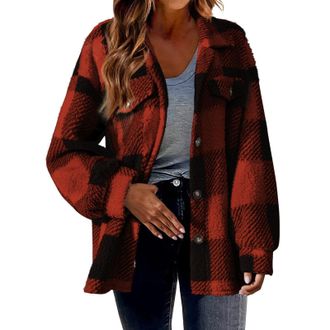 Generic Single Breasted Coat Checked Shirts Womens Turndown Collar-Lapel Overcoat Lightweight Jackets for Women Fleece Soft Touch Padded Outwear Smart Jackets