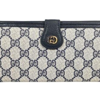 Gucci Gg Supreme Beige Navy Pvc Leather Long Wallet (Bi-Fold) (Pre-Owned)