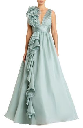 Mac Duggal Ruffle Shoulder V-Neck Chiffon Gown in Mint at Nordstrom, Size 10
