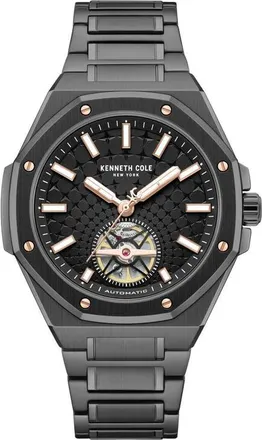 Kenneth Cole Benson Open Heart Blue Dial Automatic Bracelet Watch, 43mm in Black at Nordstrom