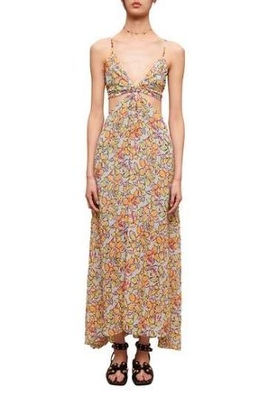 Maje Rawaiene Floral Print Cutout Dress in Imprime Hibiscus Orange/bleu at Nordstrom Rack, Size 1 (Fits Like 2-4 Us) / 36 Eu