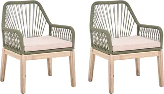 Beliani Conjunto De 2 Sillas De Jard&iacute;n Con Cojines Estructura De Polipropileno Trenzado Patas De Madera De Acacia Moderno Blanco Verde Oliva Olbia
