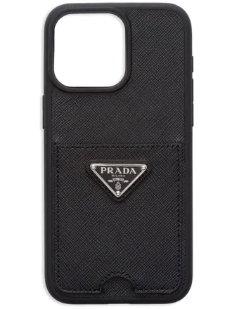 Prada triangle-logo iPhone 15 Pro Max case - women - Saffiano Leather - One Size - Black