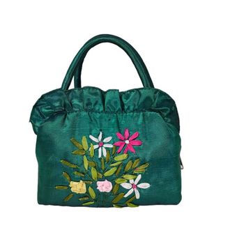 Generic Ethnic Style Tote Bag, Small Purse Wallet, Embroidery Flower Satin Silk Handbag, Zipper Flower Wrist Bag for Women Phone Cosmetic(green)