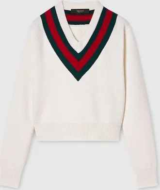 Gucci Fine Knit Wool Sweater With Web, White, Ready-to-wear