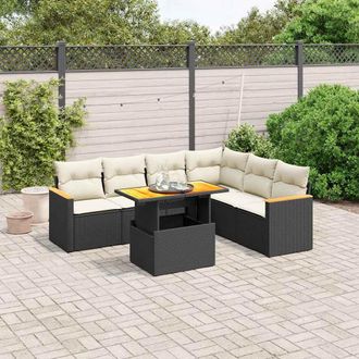 vidaXL Vidaxl - Set De Comedor De Jard&iacute;n 7 Pzas Y Cojines Rat&aacute;n Sint&eacute;tico Negro