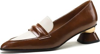 TinaCus Assorted Color Genuine Leather Womens Pointed Toe Handmade Chunky Heels Stylish Pumps Shoes, Brown, 2 UK