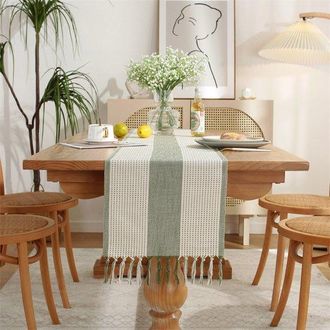 No Brand Camino De Mesa, Estilo Bohemio, Color Crema, Estilo R&uacute;stico, Con Borlas, Lavable, Ideal Para Fiestas Y Decoraci&oacute;n De Bodas, Con Tres Rayas Verde Claro