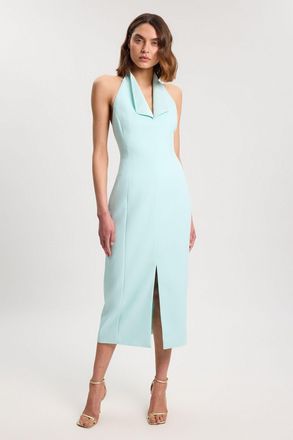 Karen Millen Womens Satin Tux Back Detail Tailored Midi Dress - Pale Blue - Size 12 UK