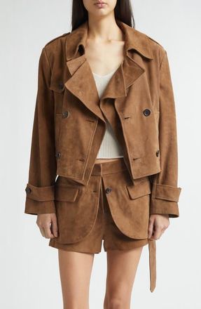 Monse Layering Double Breasted Lambskin Suede Crop Trench Coat in Tan at Nordstrom, Size X-Small