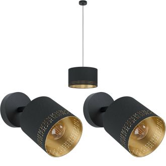 Loops Ceiling Pendant Light & 2x Matching Wall Lights Black & Gold Patern Modern Shade