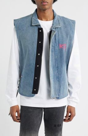 Rta Cesar Graphic Graffiti Denim Vest with Quilted Lining in Graffiti Blue at Nordstrom, Size Xxx-Large