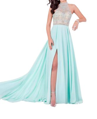 Terani Couture Halter Beaded Prom Dress In Aqua