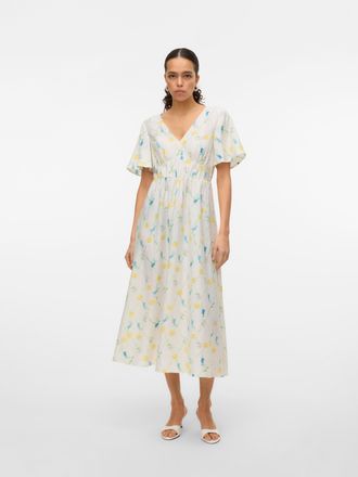 Vero Moda Sommerkleid VERO MODA VMFLORA OLGA SS 7/8 DRESS WVN GA, Damen, Gr. XS, N-Gr, weiss (snow wei&szlig; aop:olga), Web, Obermaterial: 75% Viskose, 20% Polyester